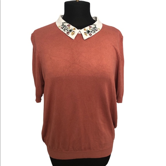 twik Sweaters - Floral Embroidered Peter Pan Collar Short Sleeve Coral Sweater